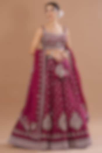 Maroon Chanderi Silk Mirror Embroidered Wedding Lehenga Set by Matsya at Pernia's Pop Up Shop