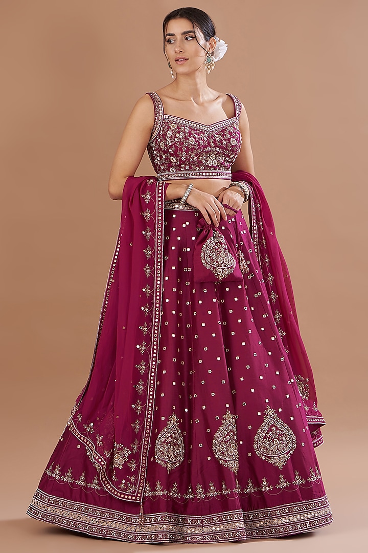 Maroon Chanderi Silk Mirror Embroidered Wedding Lehenga Set by Matsya at Pernia's Pop Up Shop