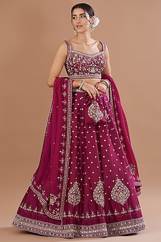 Maroon Chanderi Silk Mirror Embroidered Lehenga Set by Matsya