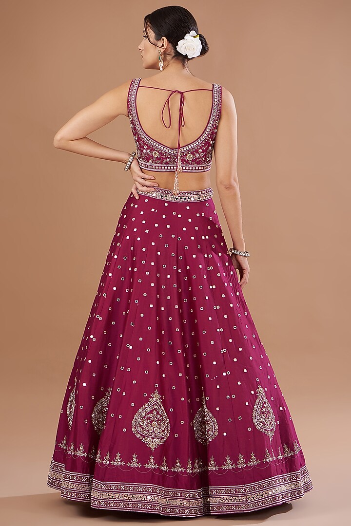 Maroon Chanderi Silk Mirror Embroidered Bridal Lehenga Set by Matsya at Pernia's Pop Up Shop