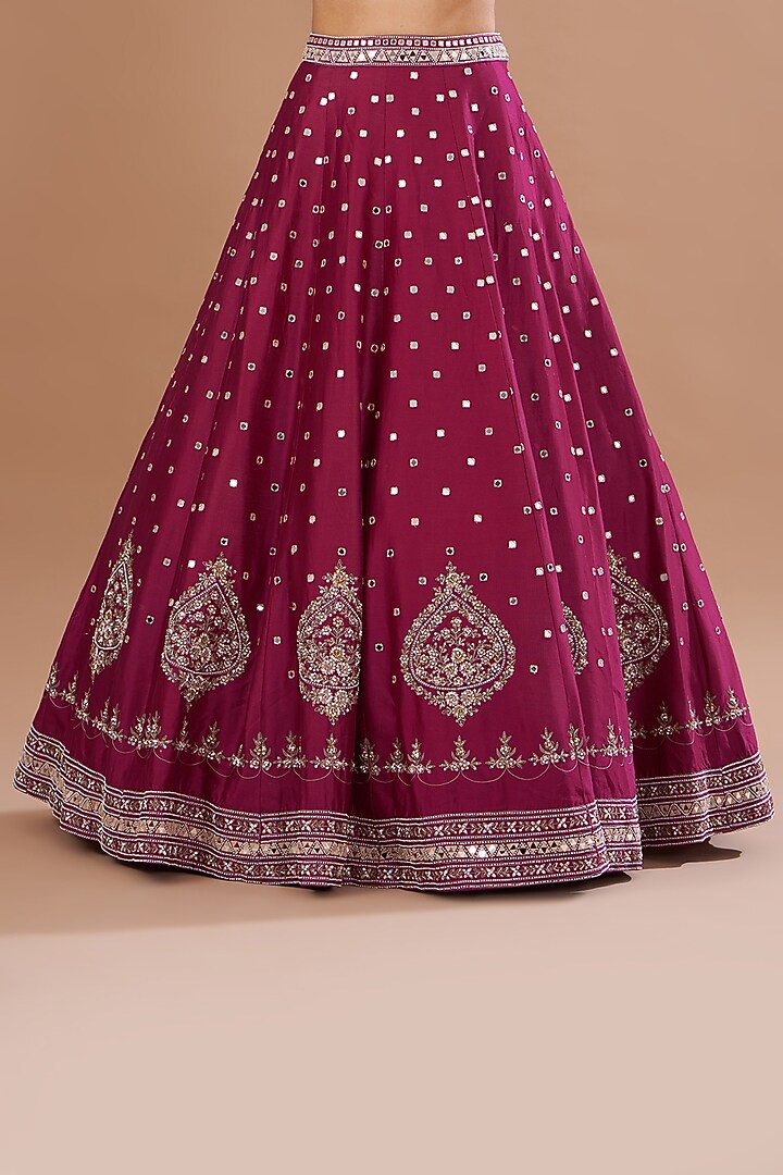 Maroon Chanderi Silk Mirror Embroidered Bridal Lehenga Set by Matsya at Pernia's Pop Up Shop