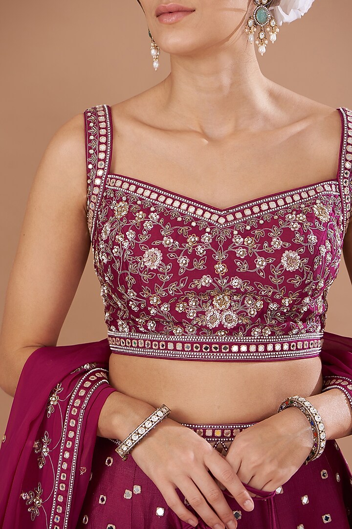 Maroon Chanderi Silk Mirror Embroidered Bridal Lehenga Set by Matsya at Pernia's Pop Up Shop