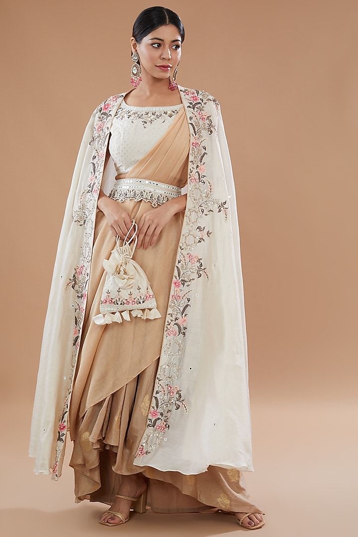 Beige & Ivory Chanderi Silk Embroidered Jacket Saree Set by Matsya