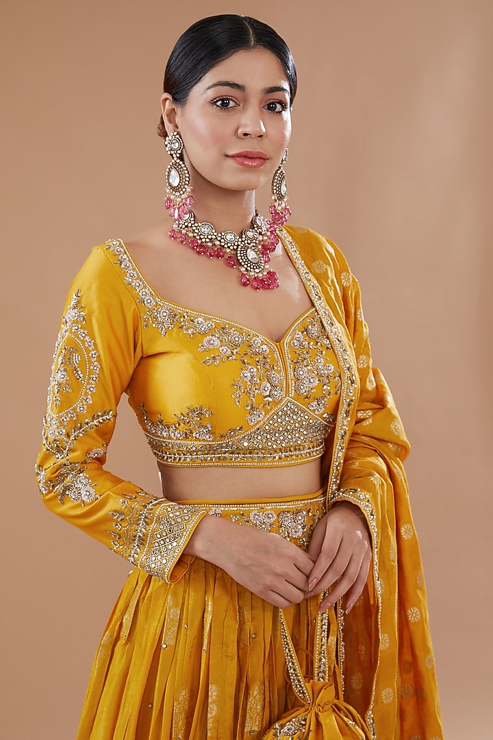 Yellow Tissue Banarasi Embroidered Wedding Lehenga Set by Matsya at Pernia's Pop Up Shop