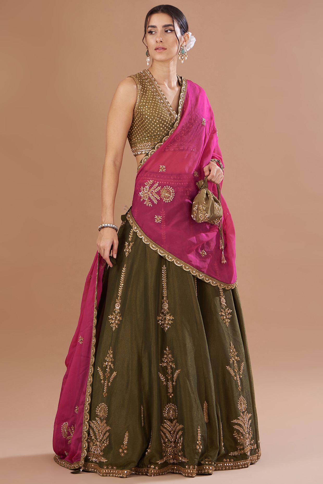 Embroidered Green Lehenga Choli With Pink Unstitched Blouse & Net Dupatta  In Striking Contrast Colors - HALFSAREE STUDIO - 4092526