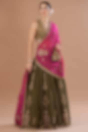 Mehendi Green Tissue Zardosi Embroidered Wedding Lehenga Set by Matsya at Pernia's Pop Up Shop