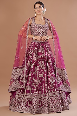 Maroon Velvet Zardosi Embroidered Lehenga Set by Matsya