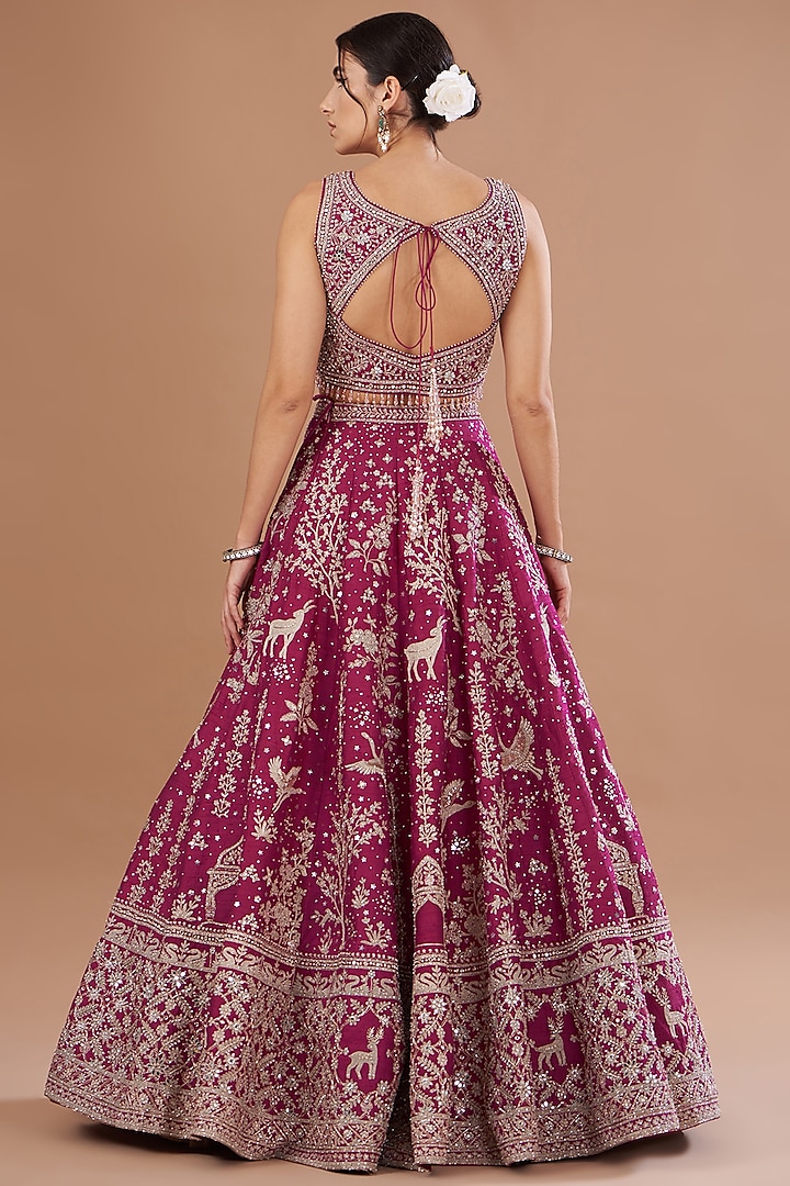 Maroon Velvet Zardosi Embroidered Bridal Lehenga Set by Matsya at Pernia's Pop Up Shop