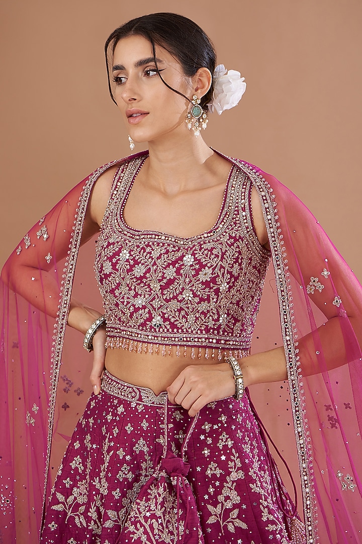 Maroon Velvet Zardosi Embroidered Bridal Lehenga Set by Matsya at Pernia's Pop Up Shop