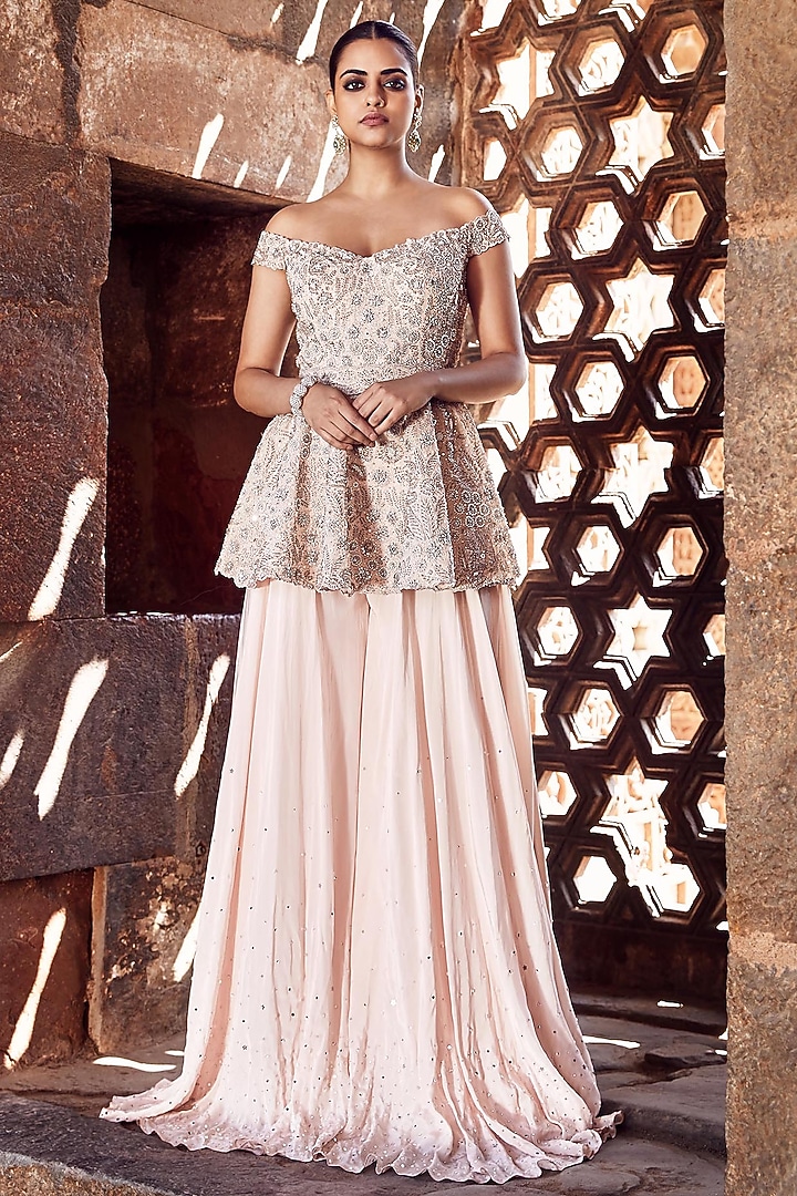 Blush Pink Crepe Wedding Sharara Set by Matsya at Pernia's Pop Up Shop