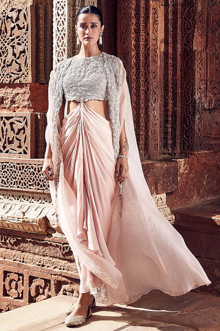 Blush Pink Organza Dori Embroidered Cape Set by Matsya at Pernia's Pop Up Shop