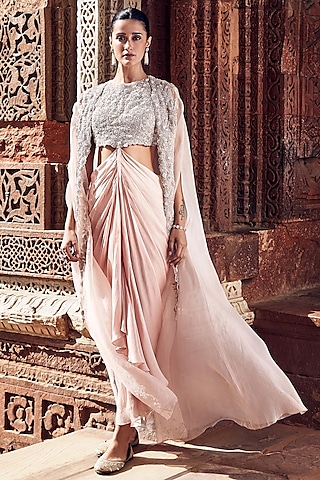 Blush Pink Organza Dori Embroidered Cape Set by Matsya