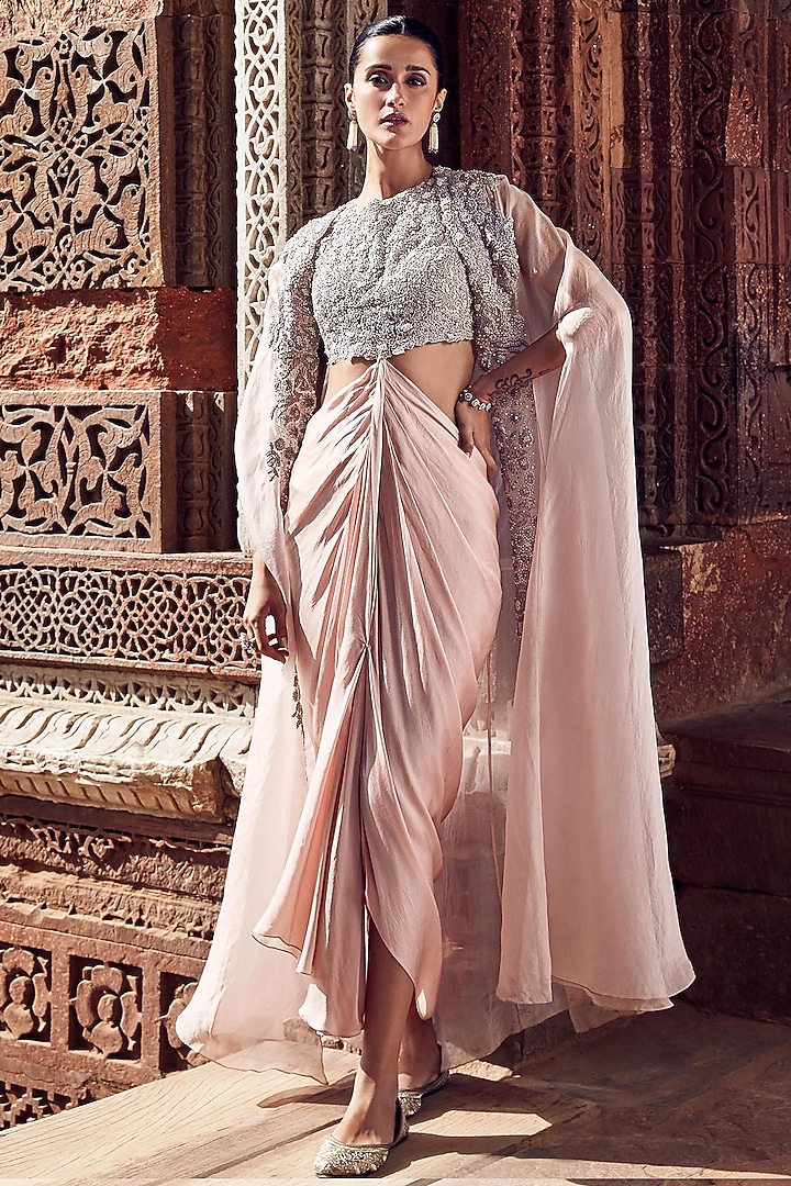 Blush Pink Organza Dori Embroidered Cape Set by Matsya at Pernia's Pop Up Shop
