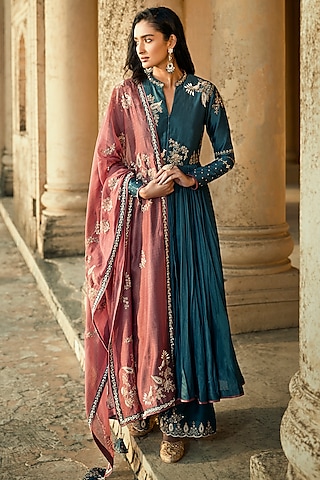 Blue Embroidered Anarkali Set by Matsya