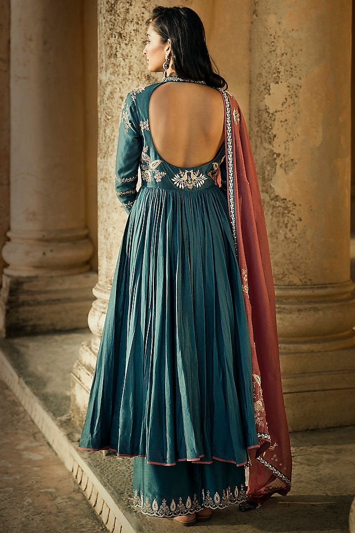 Blue Embroidered Wedding Anarkali Set by Matsya at Pernia's Pop Up Shop