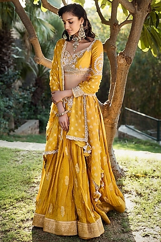 Yellow Zardosi Lehenga Set by Matsya