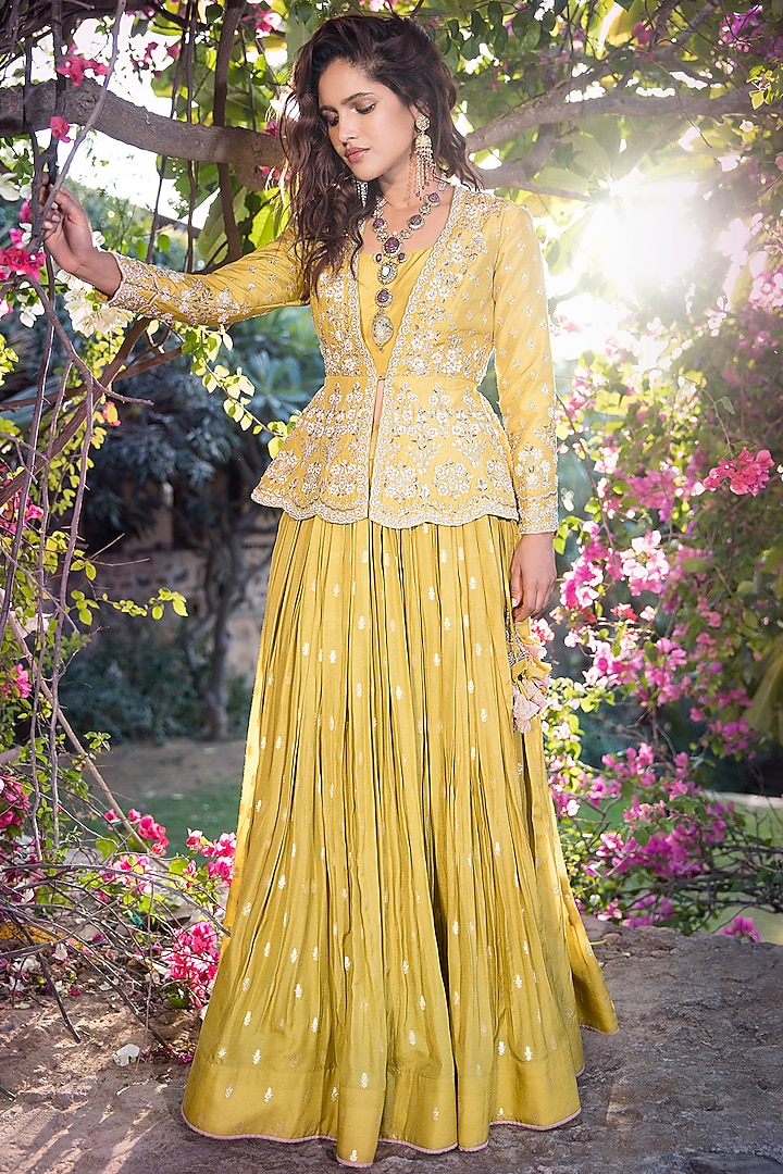 Lemon Floral Embroidered Lehenga Set by Matsya