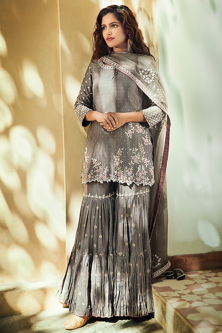 Grey Chanderi Silk Kurta Set by Matsya at Pernia's Pop Up Shop