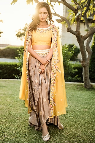 Yelllow Lehenga Set With Cape by Matsya