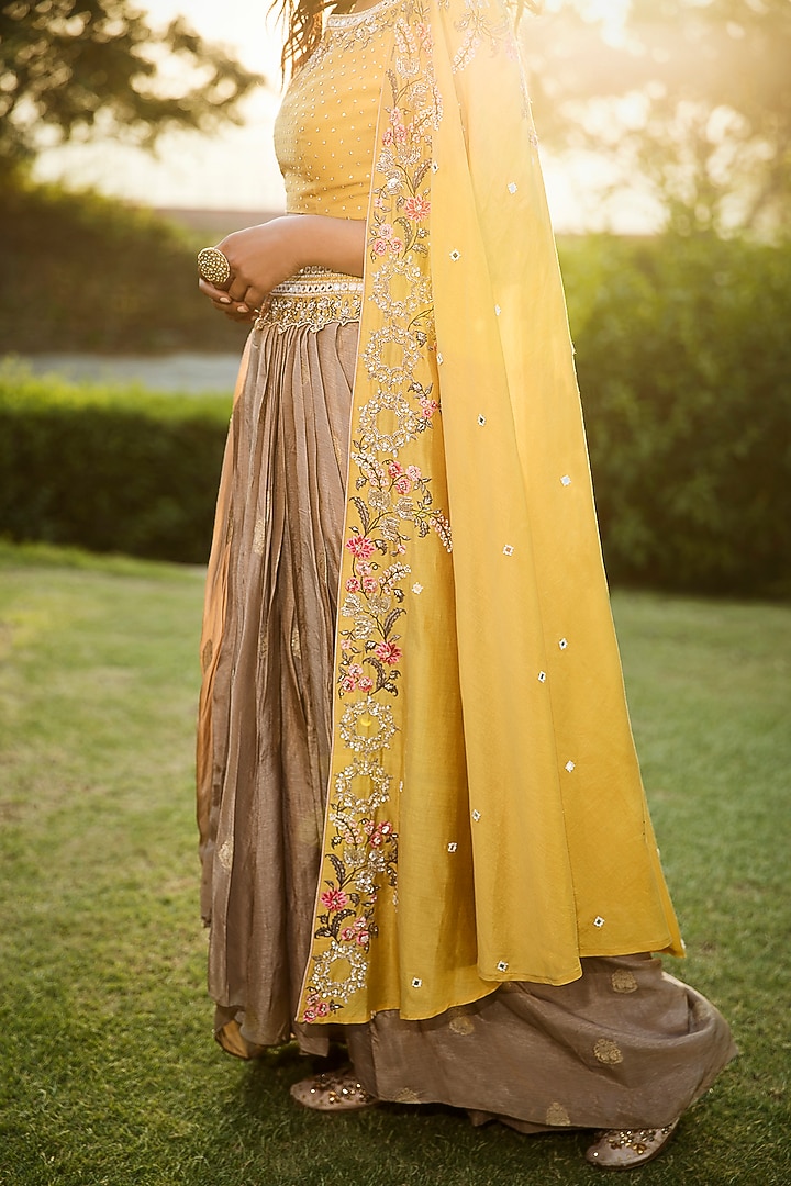 Yelllow Wedding Lehenga Set With Cape by Matsya at Pernia's Pop Up Shop