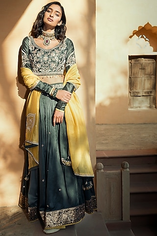 Green Lehenga Set With Resham Work by Matsya