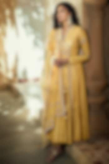 Yellow Zardosi Embroidered Angrakha Wedding Anarkali Set by Matsya at Pernia's Pop Up Shop