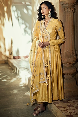 Yellow Zardosi Embroidered Angrakha Anarkali Set by Matsya