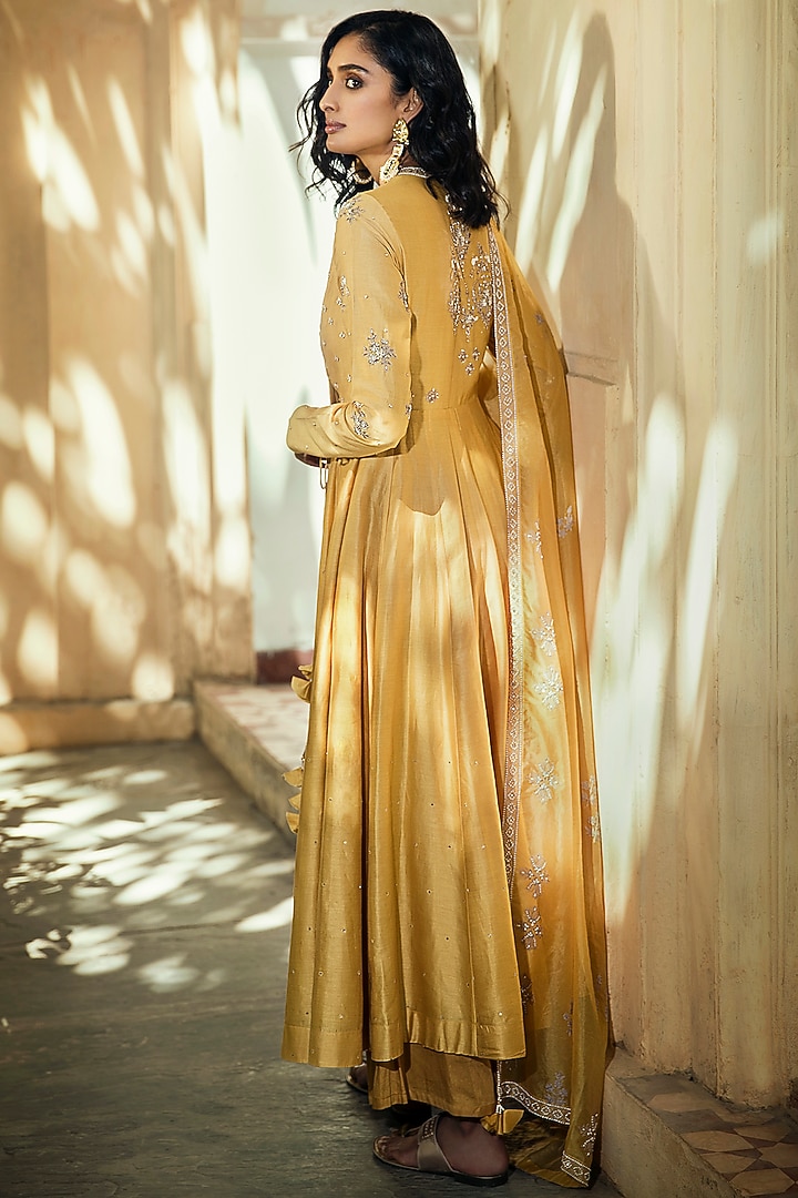 Yellow Zardosi Embroidered Angrakha Wedding Anarkali Set by Matsya at Pernia's Pop Up Shop