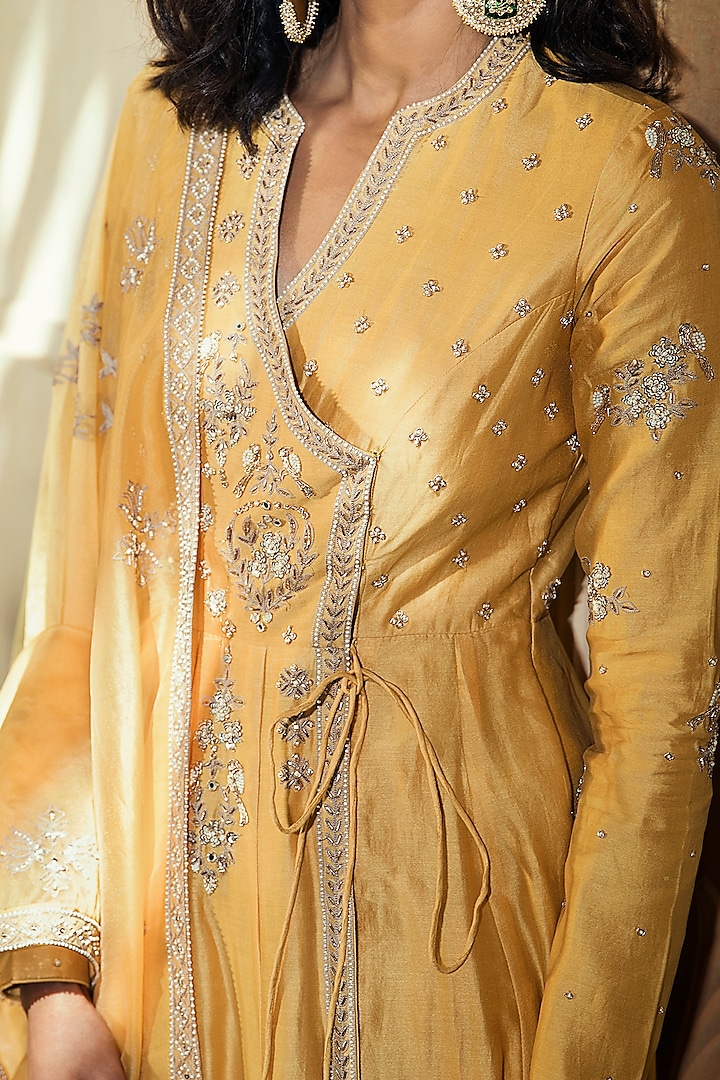 Yellow Zardosi Embroidered Angrakha Wedding Anarkali Set by Matsya at Pernia's Pop Up Shop