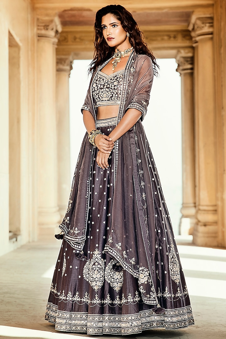 Lilac Lehenga Set With Sequins Work by Matsya