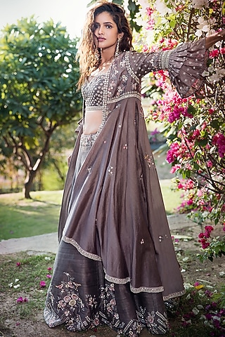 Burnt Rose Skirt Set With Floral Cape by Matsya