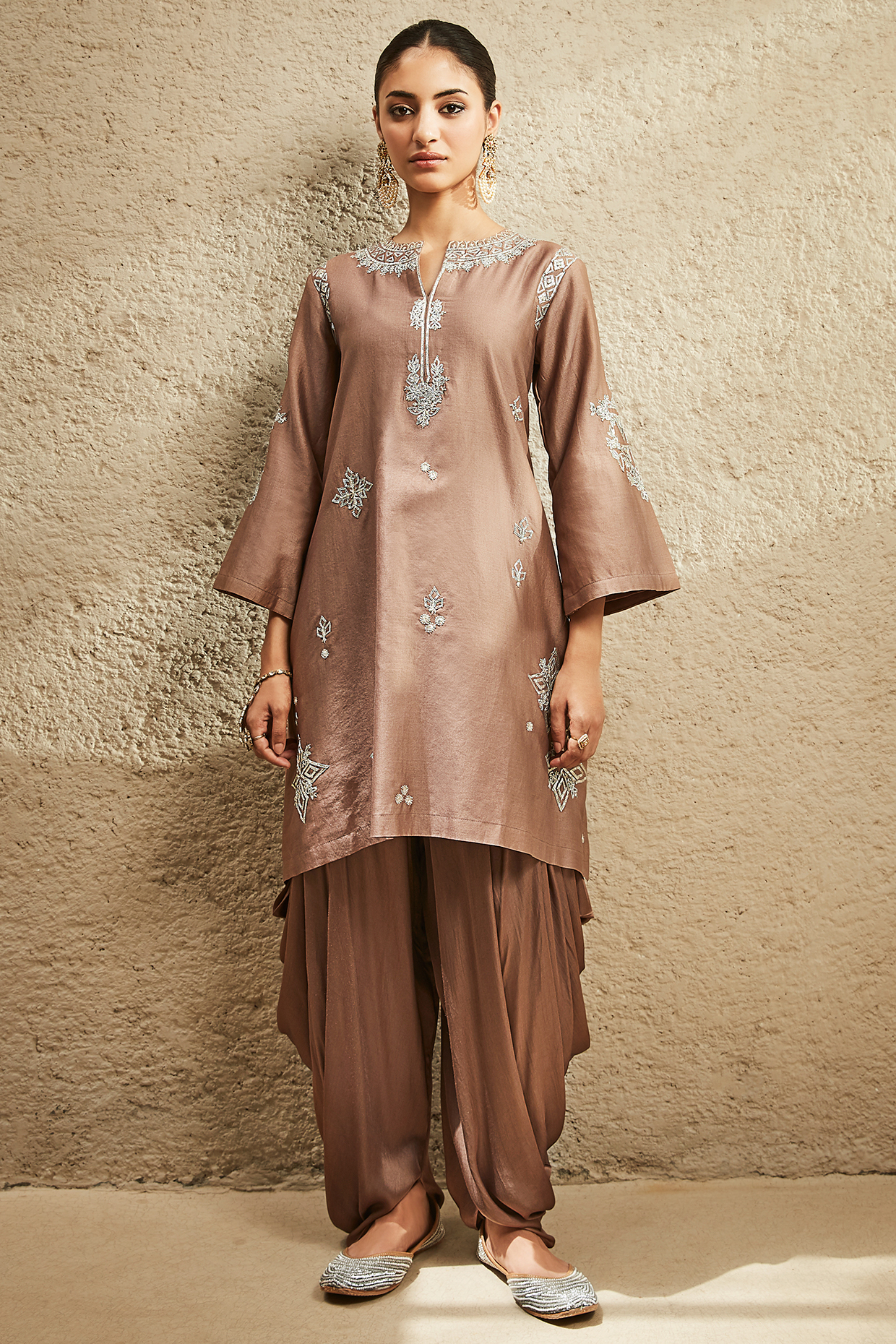 Brown Chanderi Embroidered Kurta Set by Matsya at Pernia's Pop Up Shop