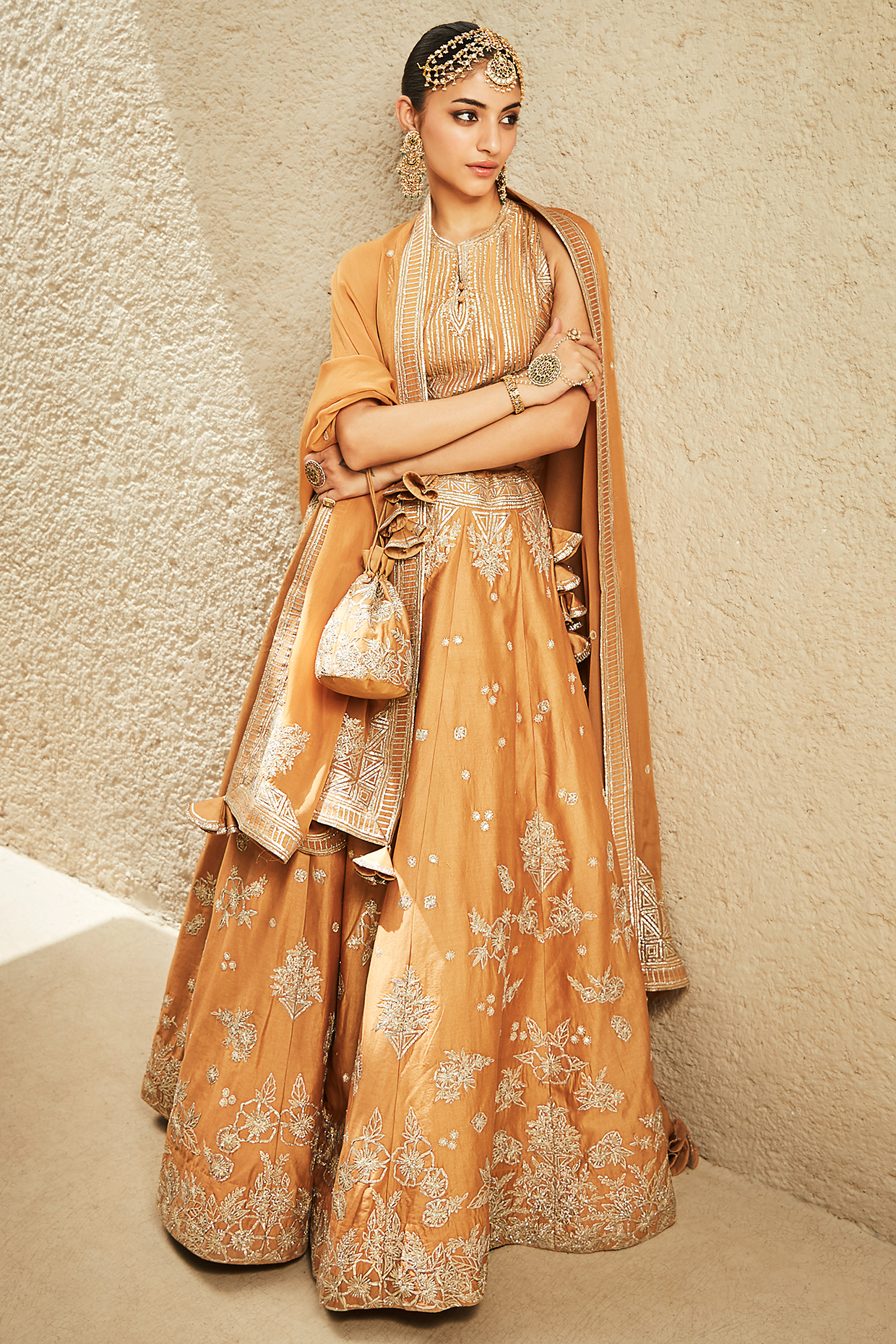 Mustard Chanderi Embroidered Wedding Lehenga Set by Matsya at Pernia's Pop Up Shop