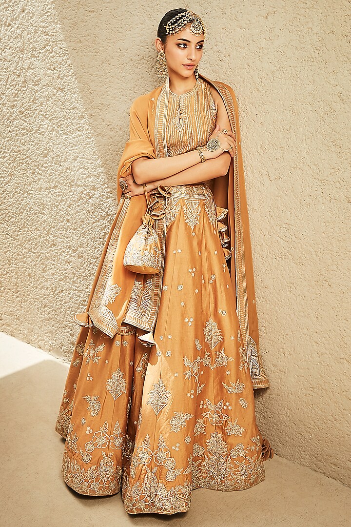 Mustard Chanderi Embroidered Wedding Lehenga Set by Matsya at Pernia's Pop Up Shop