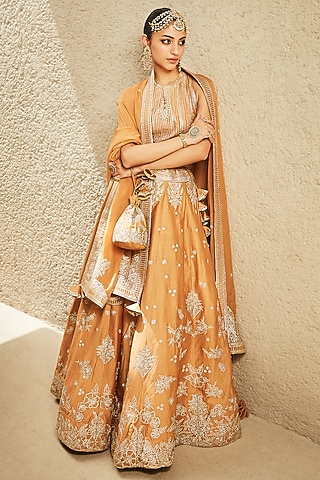 Mustard Chanderi Embroidered Lehenga Set by Matsya