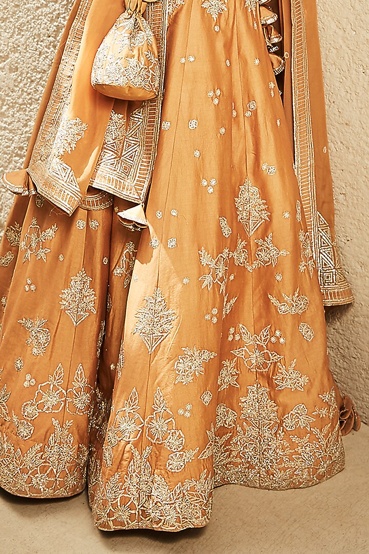 Mustard Chanderi Embroidered Wedding Lehenga Set by Matsya at Pernia's Pop Up Shop