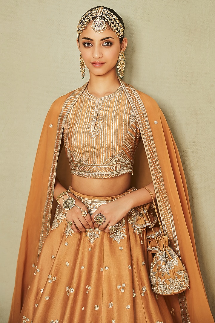 Mustard Chanderi Embroidered Wedding Lehenga Set by Matsya at Pernia's Pop Up Shop