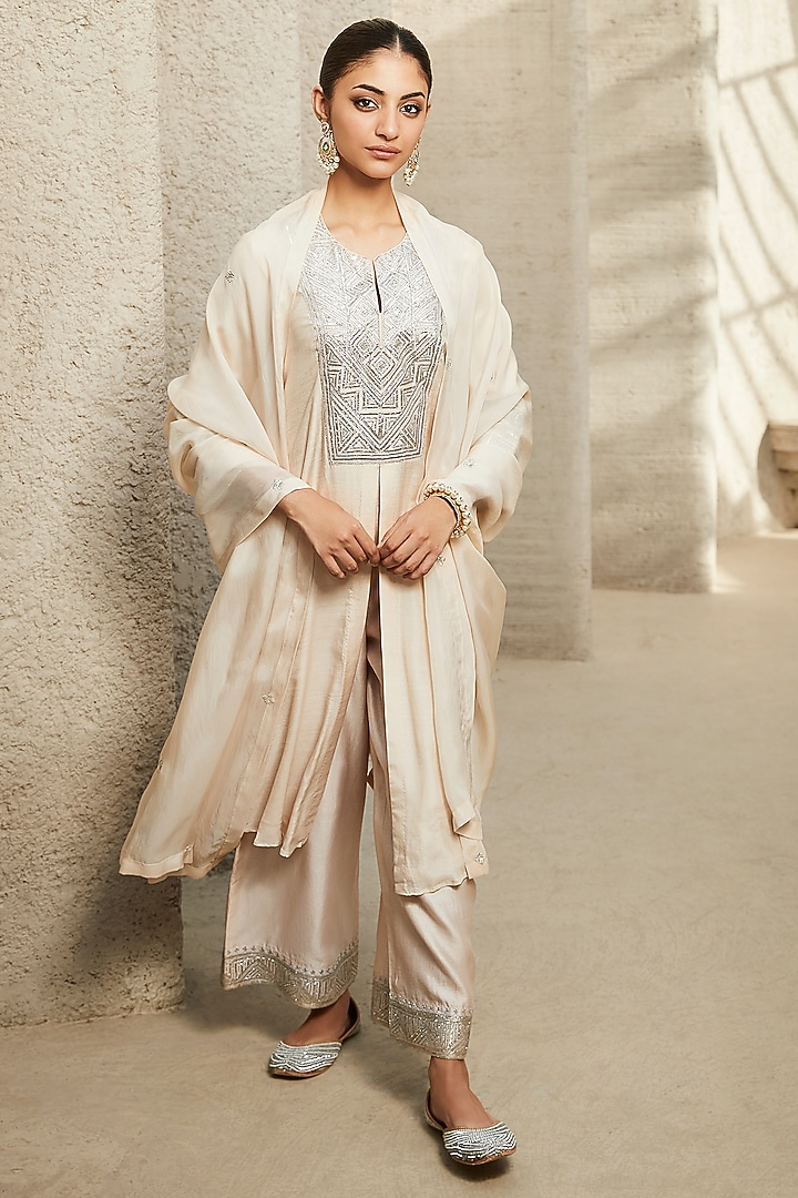 Ivory Bemberg Silk Embroidered Kurta Set by Matsya at Pernia's Pop Up Shop