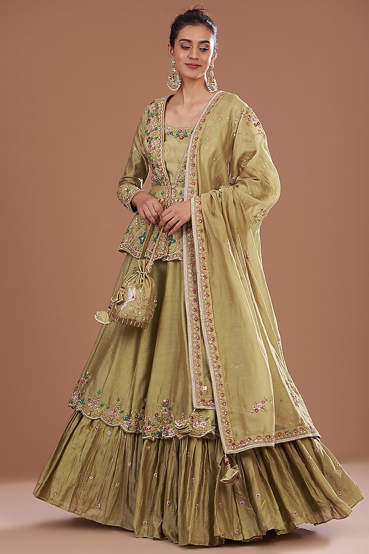 Green Chanderi Sequins & Zardosi Embroidered Wedding Lehenga Set by Matsya at Pernia's Pop Up Shop