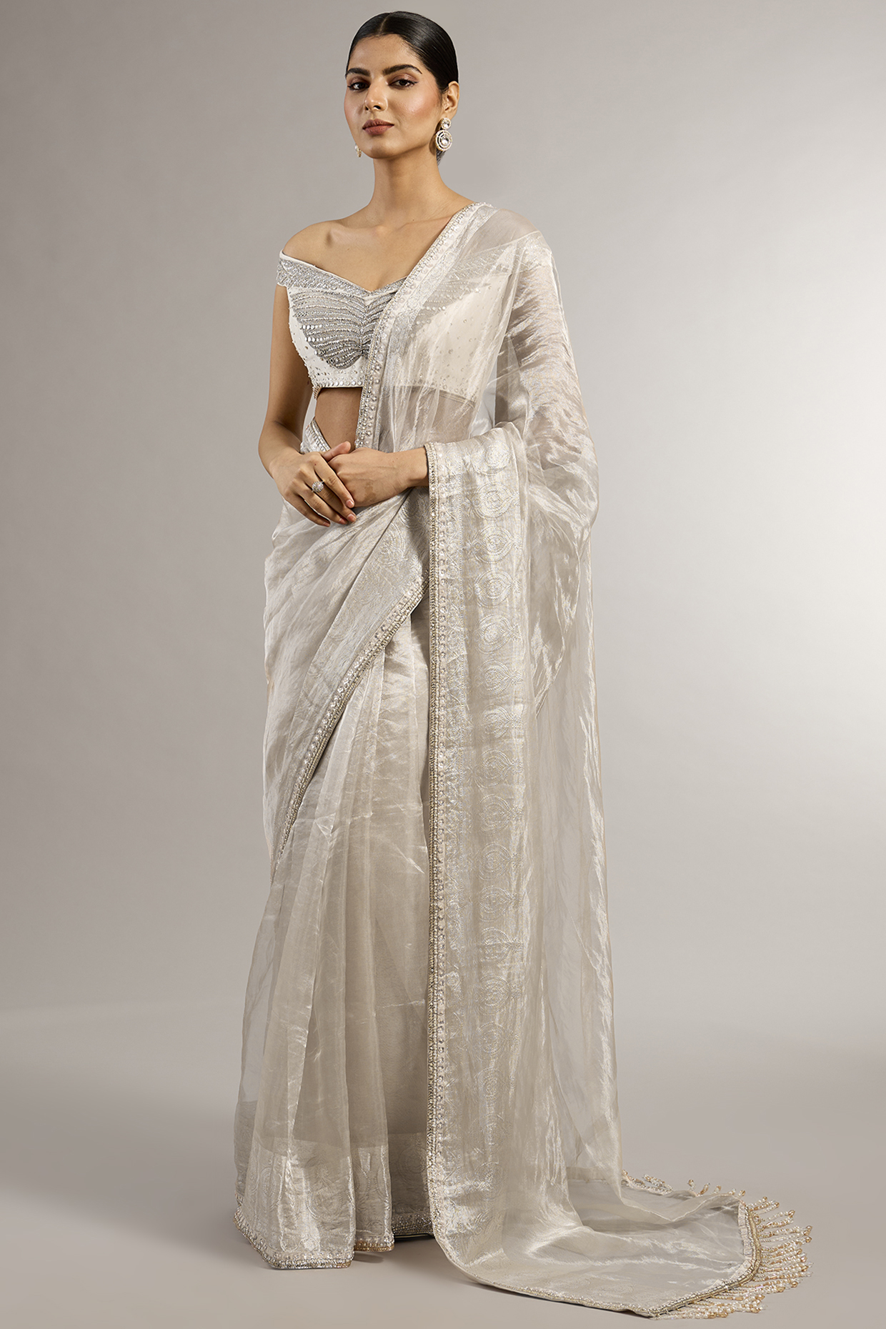 Ivory Wrinkled Tissue Hand Embroidered Wedding Saree Set by Matsya at Pernia's Pop Up Shop