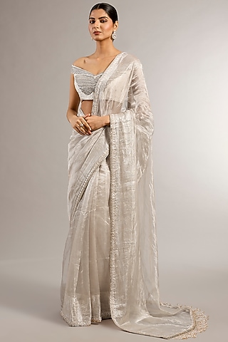 Ivory Wrinkled Tissue Hand Embroidered Saree Set by Matsya