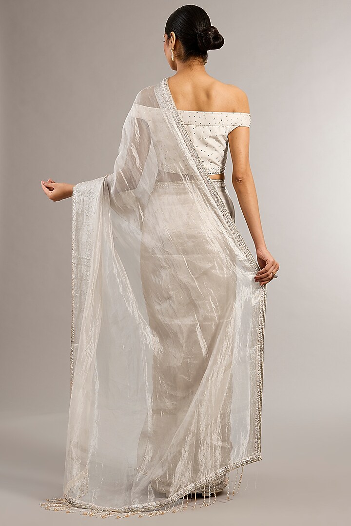 Ivory Wrinkled Tissue Hand Embroidered Wedding Saree Set by Matsya at Pernia's Pop Up Shop