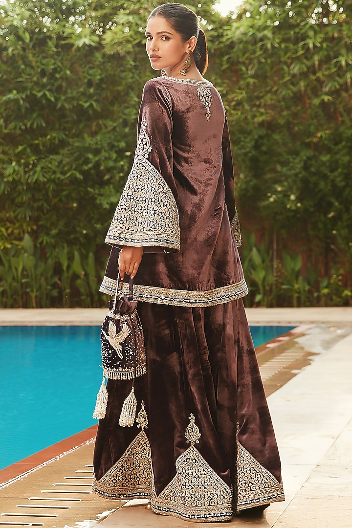 Wine Embellished Bridal Sharara Set by Matsya at Pernia's Pop Up Shop