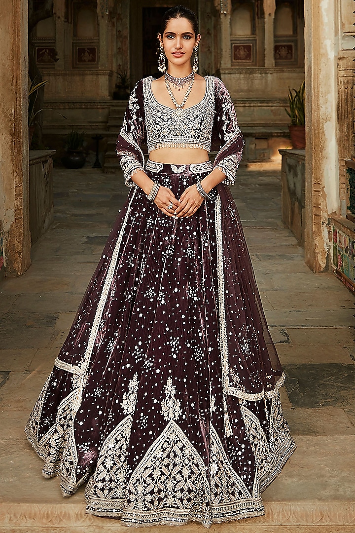 Plum Velvet Embroidered Bridal Lehenga Set by Matsya at Pernia's Pop Up Shop