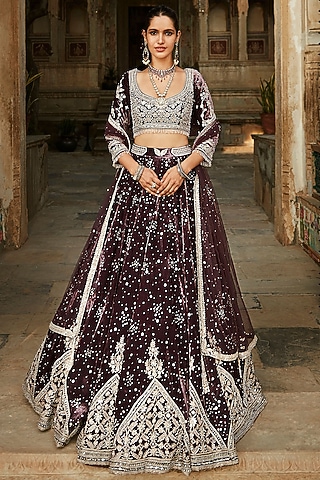 Plum Velvet Embroidered Lehenga Set by Matsya