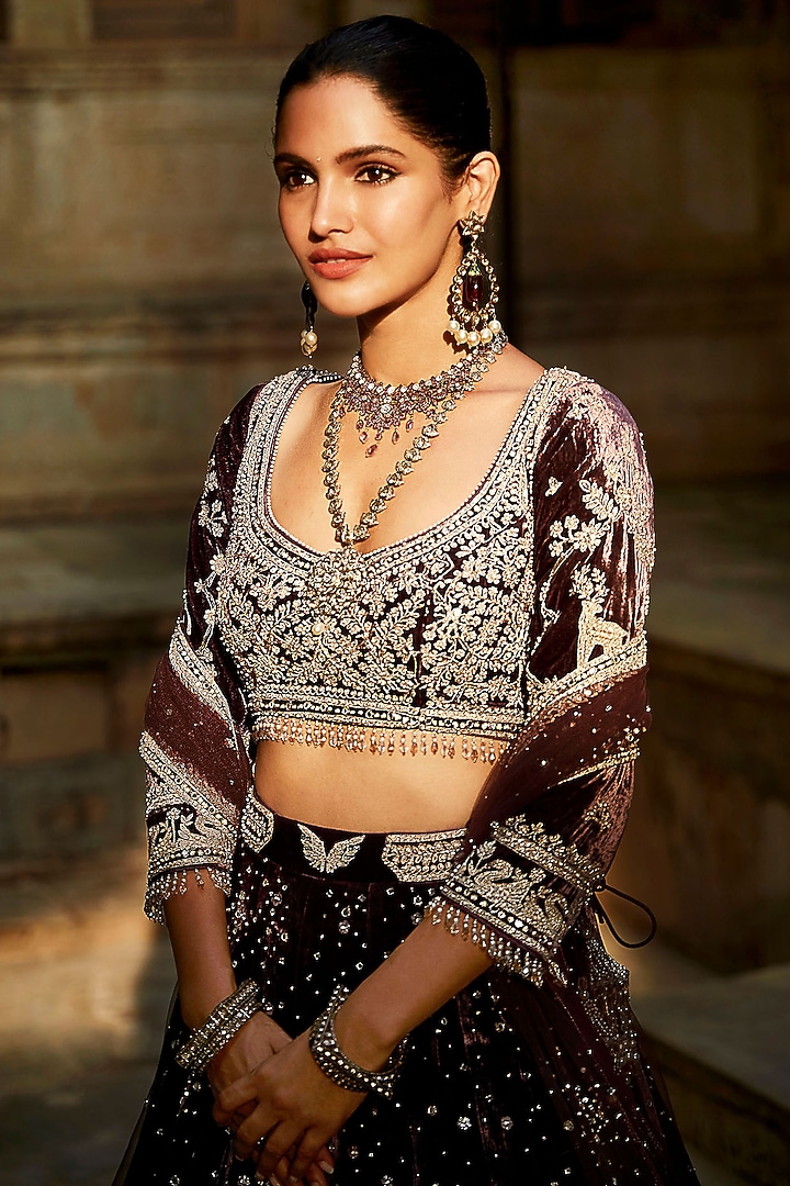 Plum Velvet Embroidered Wedding Lehenga Set by Matsya at Pernia's Pop Up Shop