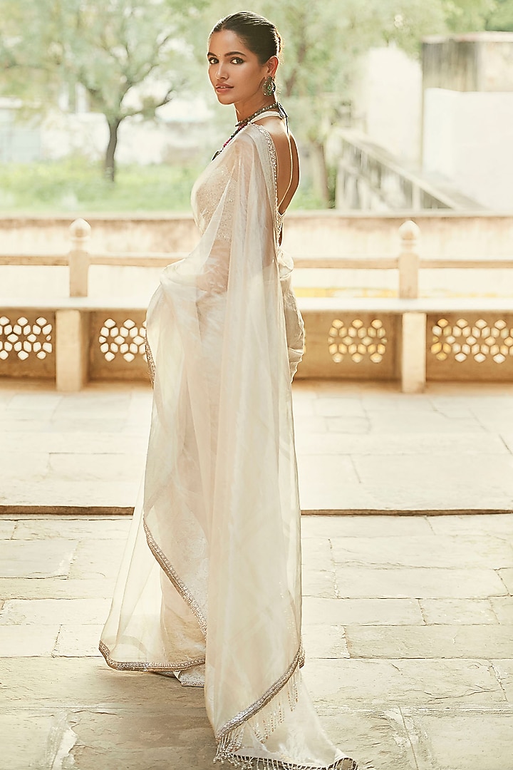 Ivory Silk Tissue Embroidered Bridal Saree Set by Matsya at Pernia's Pop Up Shop