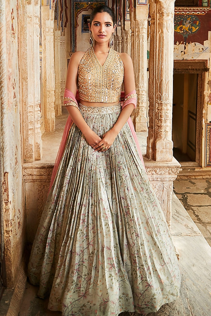 Mint Green Silk Tissue Wedding Lehenga Set by Matsya at Pernia's Pop Up Shop