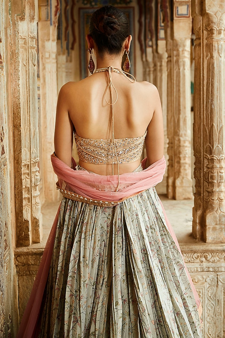 Mint Green Silk Tissue Wedding Lehenga Set by Matsya at Pernia's Pop Up Shop
