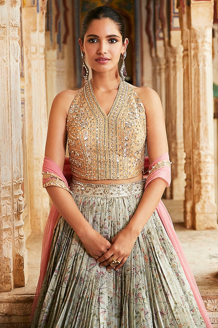 Mint Green Silk Tissue Wedding Lehenga Set by Matsya at Pernia's Pop Up Shop
